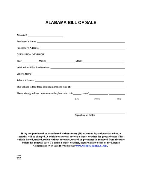 Alabama Bill Of Sale Printable